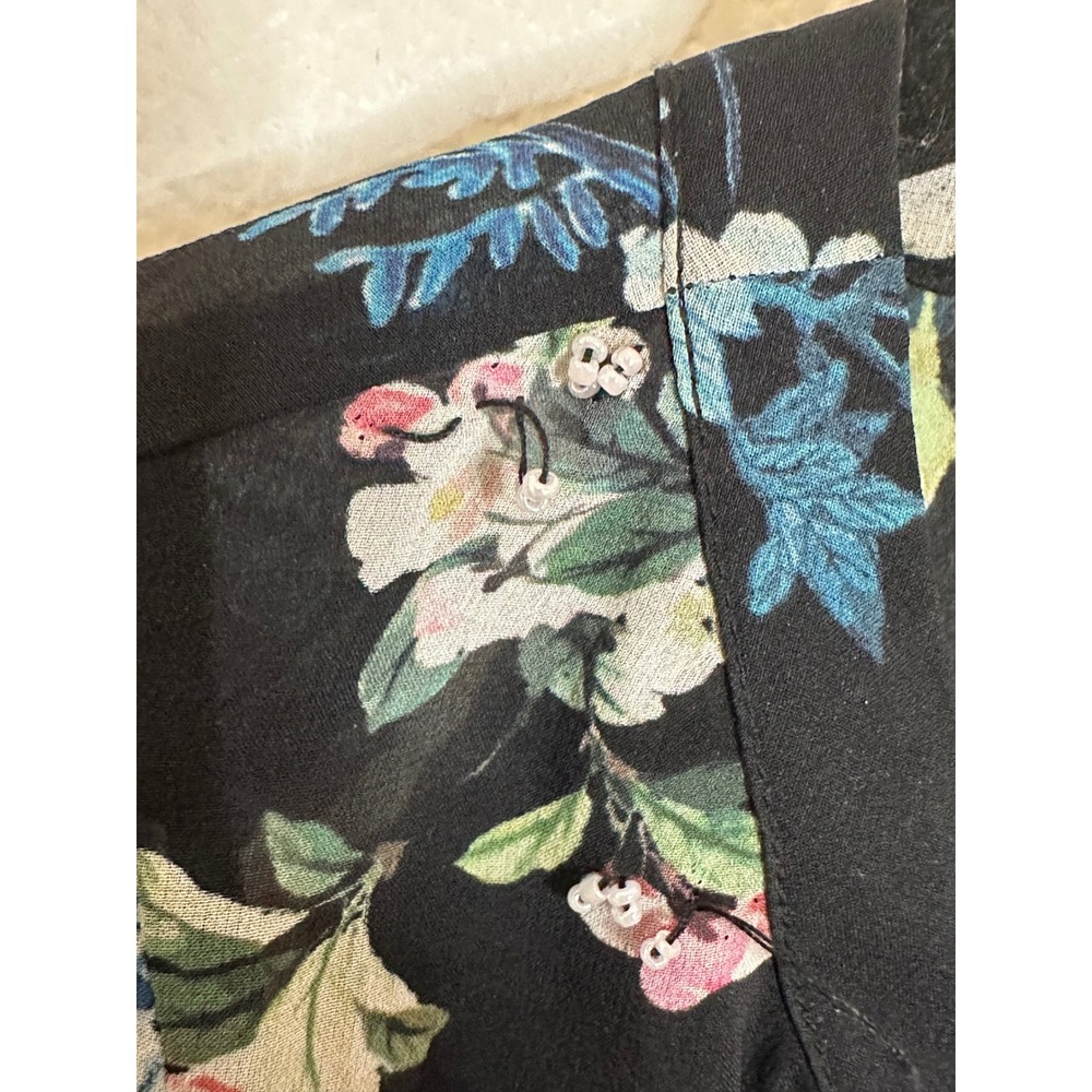 Hale Bob Silk Blouse Top Size M Black Blue Floral Snakeskin Beaded V-Neck Boho - Picture 7 of 11